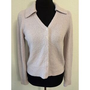 Margaret O'Leary Organic Cotton Boucle Knit Polo Collar Cardigan Small. Lavender